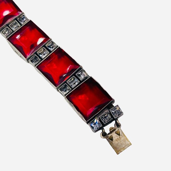 Authentic Art Deco Red  and Clear Glass Link Bracelet Silver Tone Metal - Picture 4 of 6